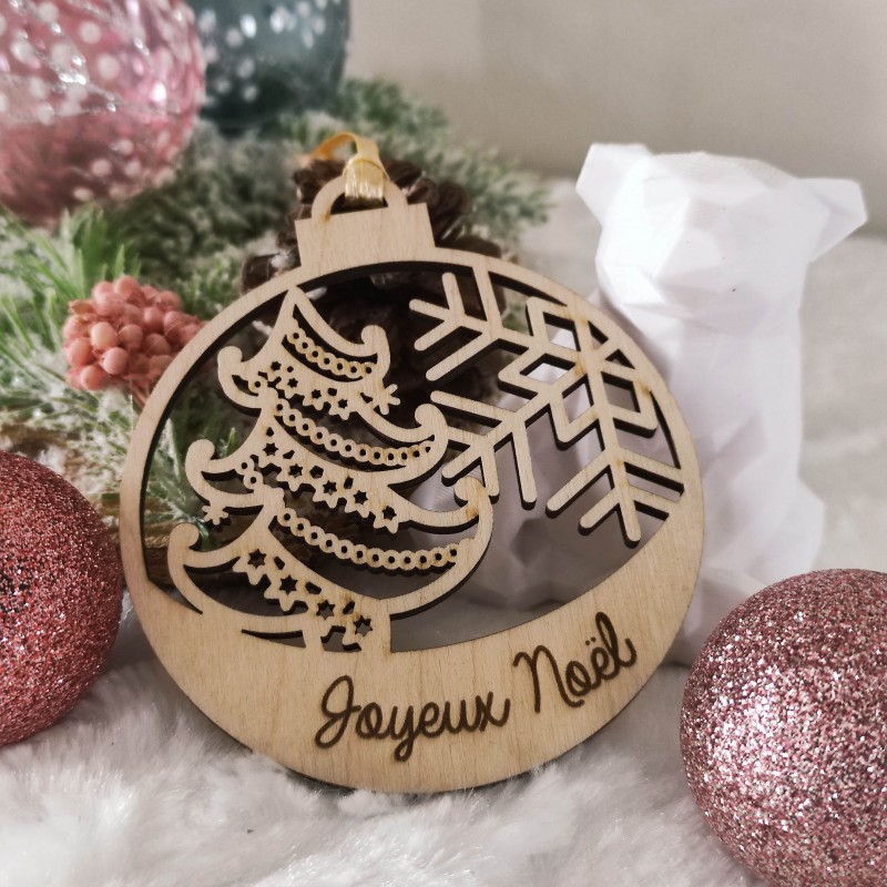Boule de Noël en bois - Sapin décoré et flocon